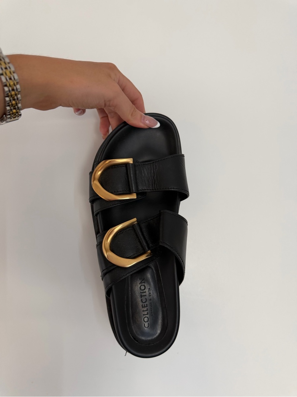 Charles & Keith Black Slide Sandal with Gold Buckles